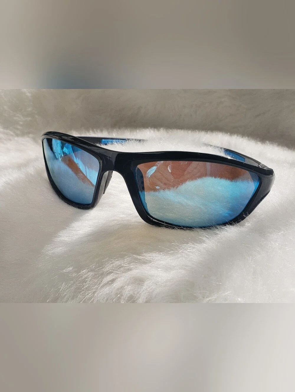 Men's Wrap Around Polorized Sports Sunglasses Black & Blue Mirrored NWOT